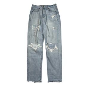 American Eagle AE Destroyed Ripped High Waisted Mom Jeans Light Wash Womens 2